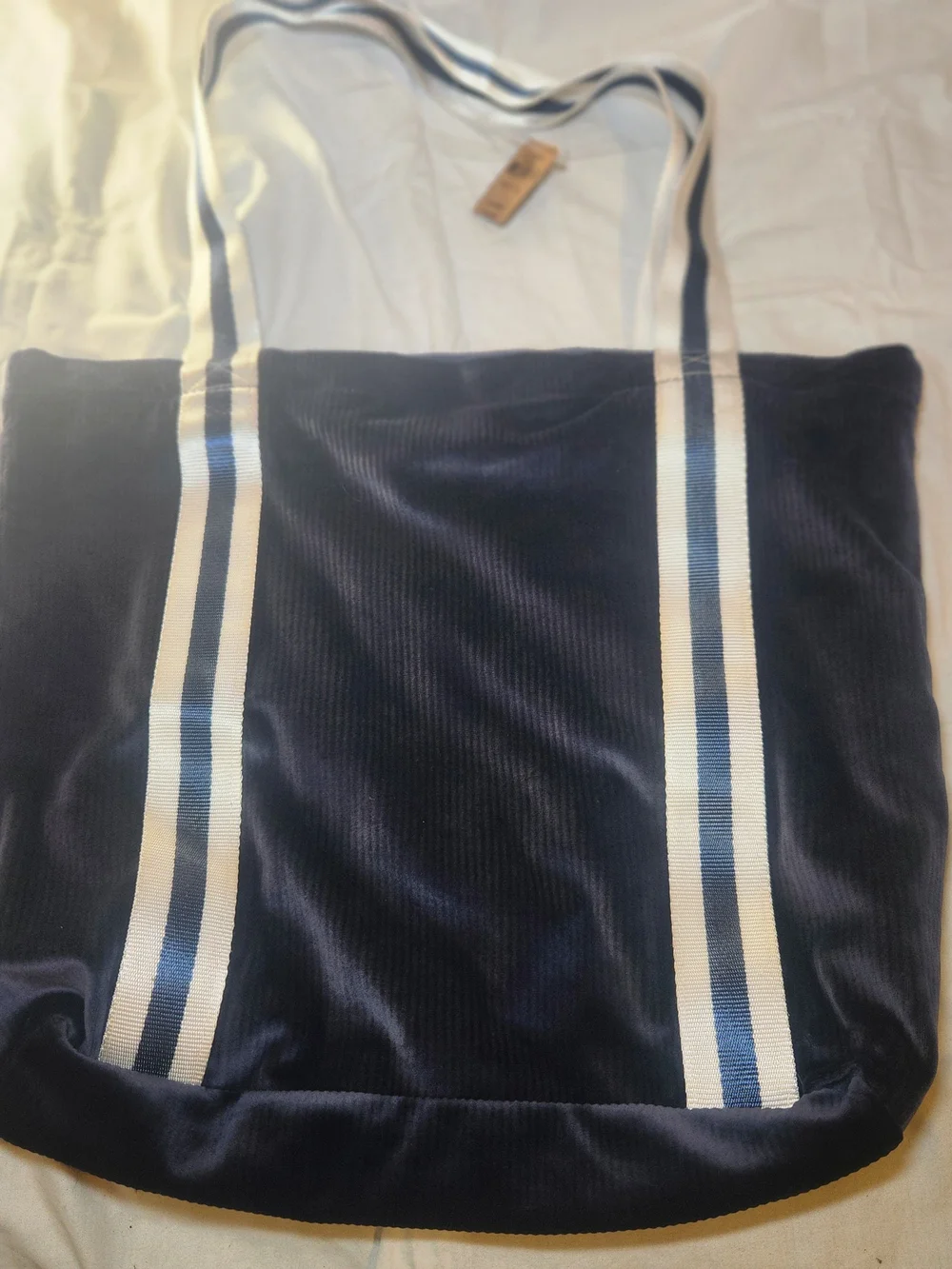 PINK Victoria's Secret Navy Corduroy Tote with Cream & Navy Striped Handles